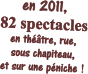 en 2011, 82 spectacles en thtre, rue, sous chapiteau, et sur une pniche !