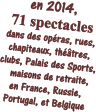 en 2014,  71 spectacles dans des opras, rues, chapiteaux, thtres, clubs, Palais des Sports,   maisons de retraite, en France, Russie, Portugal, et Belgique