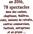 en 2016,  78 spectacles dans des casinos,  chapiteaux, thtres, clubs, maisons de retraite, centres commerciaux, festivals, entreprises et en prison ...